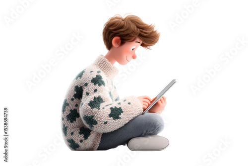 Young boy engaged with tablet while sitting comfortably