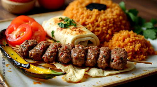 Kebab skewer with bulgur, lavash, grilled pepper and fresh vegetables on a plate, Turkish cuisine, restaurant serving, appetizing presentation. Concept national dish, Eastern traditions