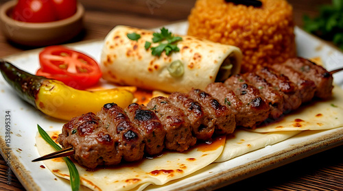 Kebab skewer with bulgur, lavash, grilled pepper and fresh vegetables on a plate, Turkish cuisine, restaurant serving, appetizing presentation. Concept national dish, Eastern traditions