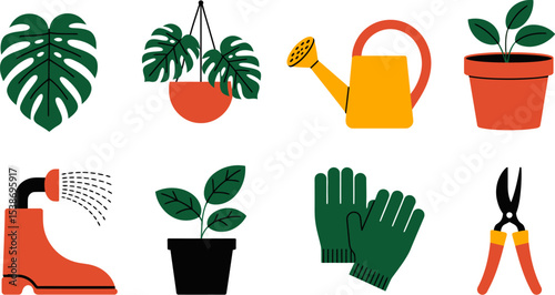 Gardening tools and plants illustration for garden care and planting monstera watering can gloves shears editable stock vector illustration