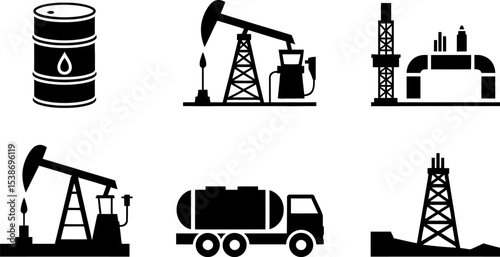 Oil industry vector icons set petroleum production and transportation black silhouette on white background editable stock vector illustration