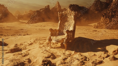 A magnificent, ruined throne amidst a desolate desert landscape.