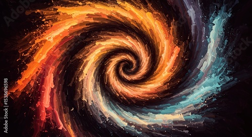 Abstract swirling vortex illustration with vibrant colors and dynamic brushstroke texture