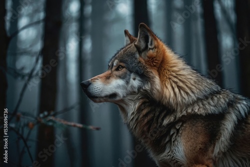 Side profile of a wolf in a forest environment with muted tones and focused gaze
