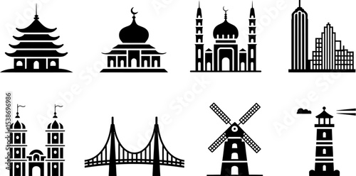 Architecture landmarks icons vector set building silhouette travel destination famous place landmark design 100 editable stock vector illustration