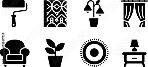 Home decor interior design elements furniture icons set vector illustration and decoration ideas editable stock vector illustration