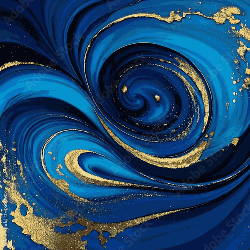 Celestial Swirl, swirling vortex of deep blue and navy gold glitter and flecks of gold, creating a marble abstract design spiral pattern luxury texture vector background.