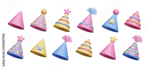 Big bundle of different colorful birthday cone hats isolated on white background 3D style vector icon set. Happy birthday surprise party celebration decor set. Fun birthday caps.