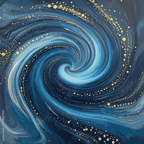 Luminous Spiral swirling vortex of deep blue and navy gold glitter and flecks of gold, creating a marble abstract design spiral pattern luxury texture vector background.