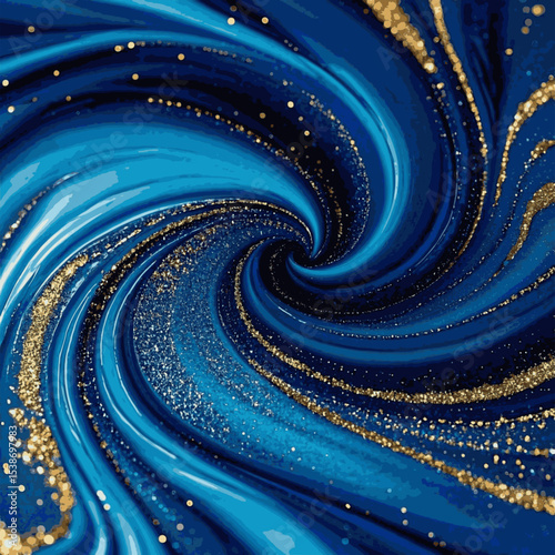 Majestic Current swirling vortex of deep blue and navy gold glitter and flecks of gold, creating a marble abstract design spiral pattern luxury texture vector background.