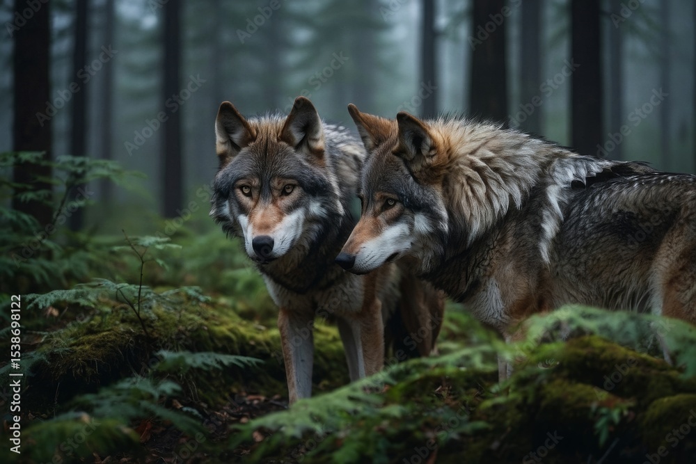 Fototapeta premium Two Wolves Together Standing in Foggy Woodland Forest Environment