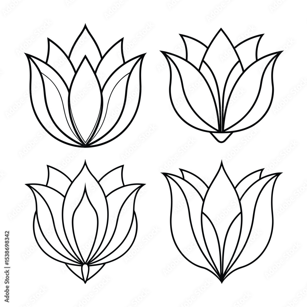 Fototapeta premium Set of four detailed black and white outline illustrations of lotus flower designs