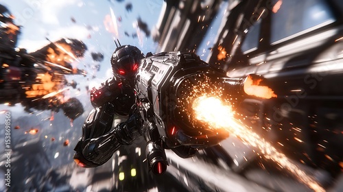 Robot Firing Futuristic Weapon in Sci-fi Battle Scene