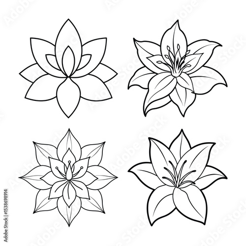Four detailed black and white floral designs featuring open flowers and buds for decoration