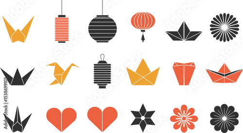 Vector origami paper art chinese lanterns and flower illustrations for graphic design elements set pack editable stock vector illustration