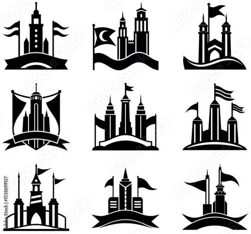 Black Castle and Tower Silhouette Vector Icon Set