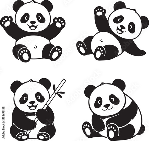 Panda silhouette set vector illustration isolated On Transparent Background
