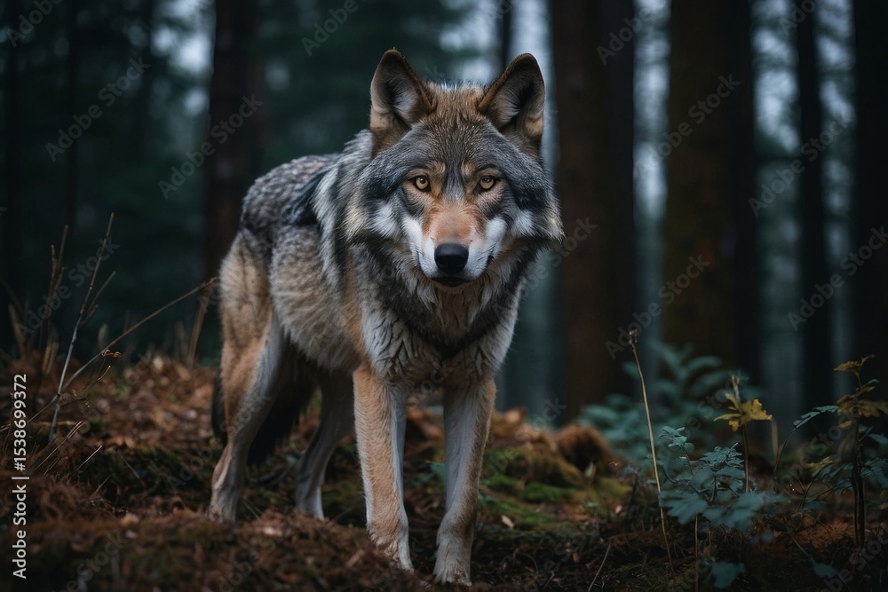 Fototapeta premium Timber wolf stands looking directly at camera in a dense, dark forest