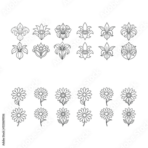 Elegant floral designs in a simple black and white line art style illustration.
