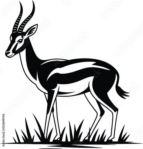 Black and white illustration of a gazelle standing in some grass