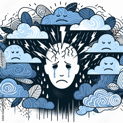 Illustration of a sad face with clouds expressing emotional distress  