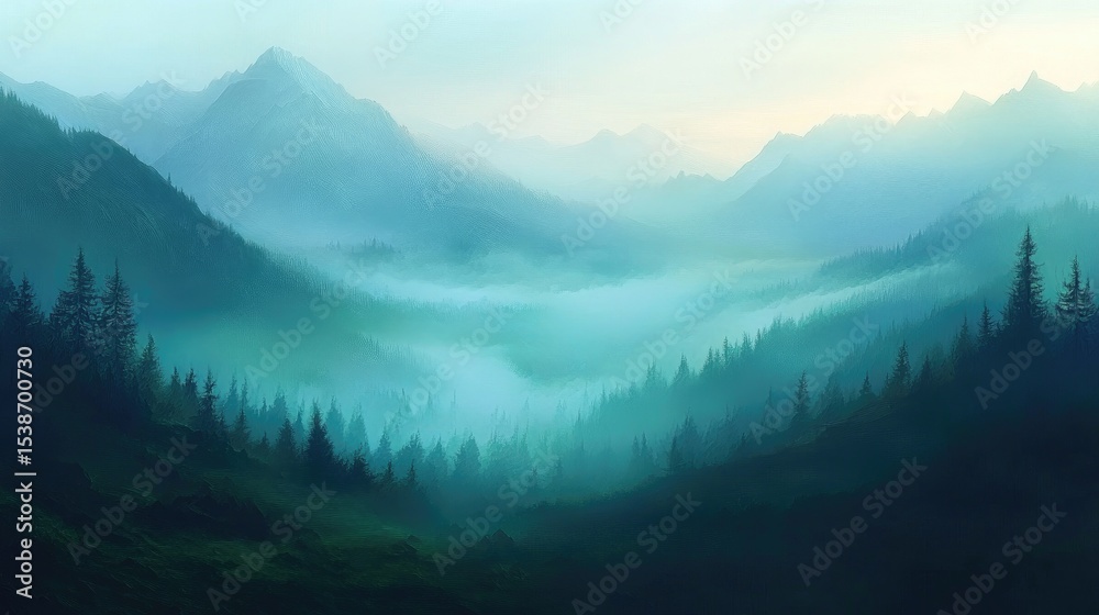 Obraz premium Misty Mountain Landscape with Evergreen Forest and Serene Atmosphere at Dawn in a Tranquil Wilderness Setting