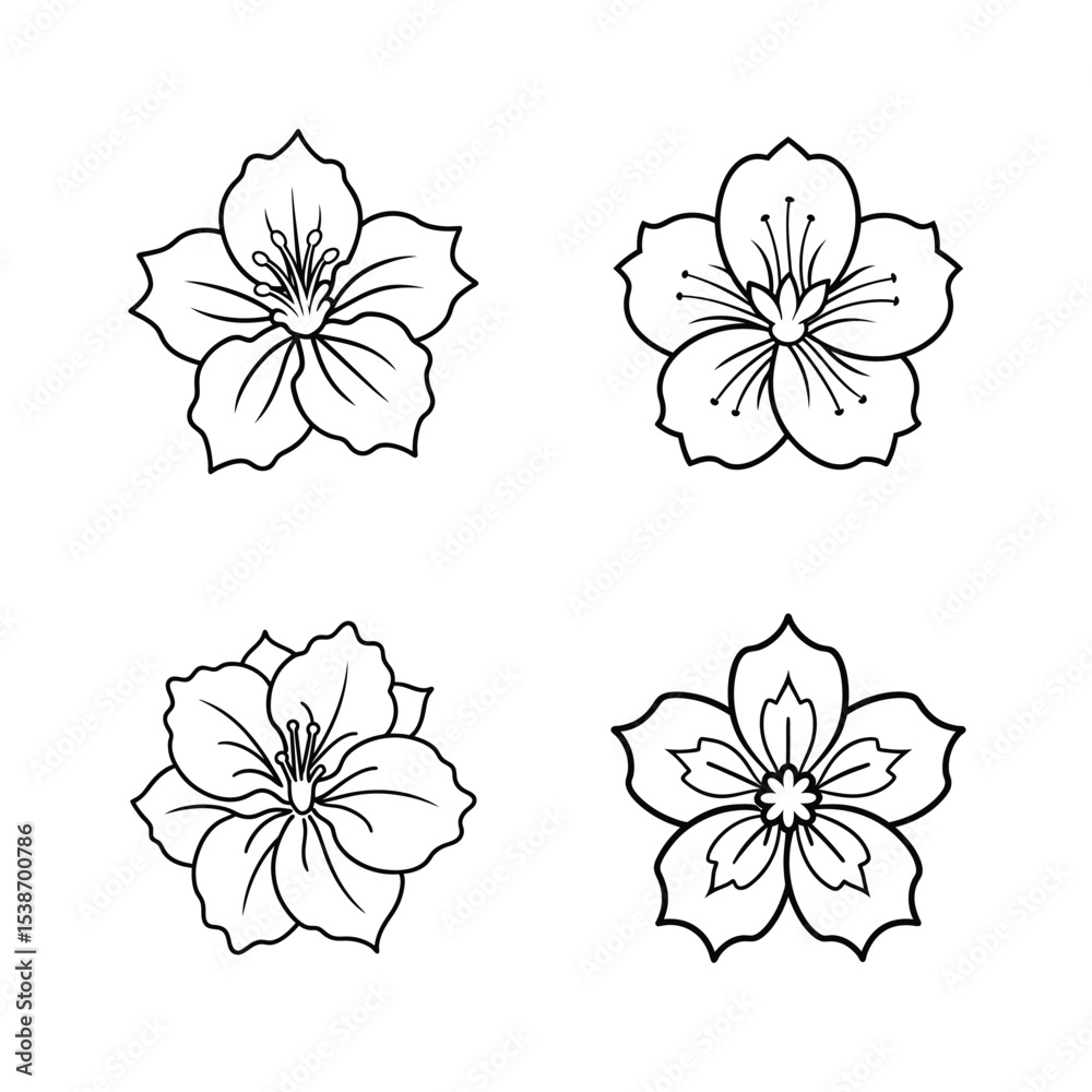 Obraz premium Elegant outlined vector illustrations of cherry blossom flowers in a monochromatic design