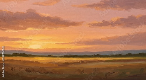 Beautiful landscape painting depicting a sunset over a field with golden hues