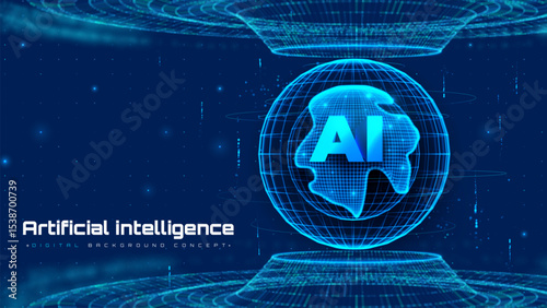 Futuristic technology background with glowing circle mesh and blue neon light effect. Future world backdrop design concept powered by AI artificial intelligence.