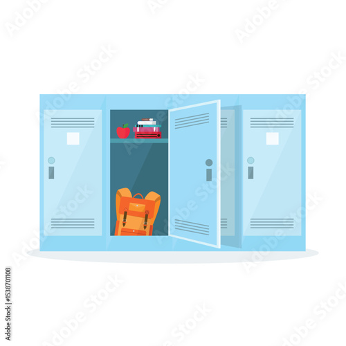School locker icon on white background. Briefcase, books and apple in open locker. Storage space.