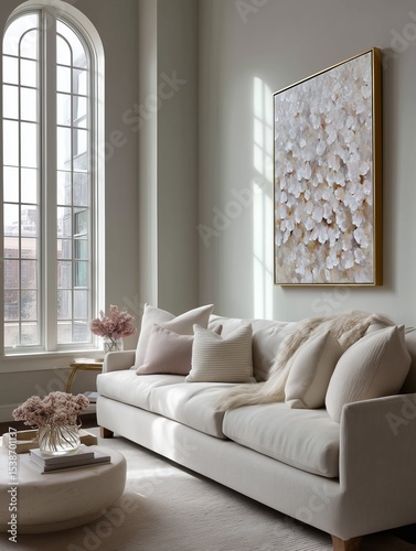 Bright and elegant living room featuring a neutral sofa, soft pillows, artistic decor, and a large window with natural light.