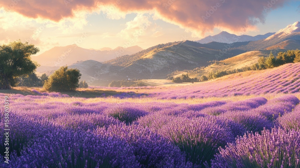 Obraz premium Serene Lavender Fields Under Colorful Sunset with Rolling Hills and Mountains in the Background