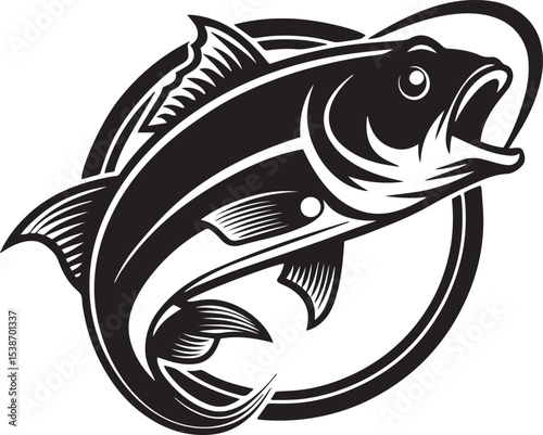 Detailed Black and White Bass Fish Vector Illustration