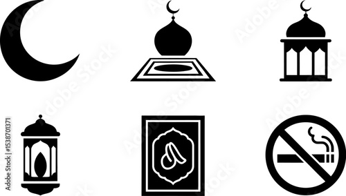 Islamic ramadan kareem eid mubarak crescent mosque lantern quran no smoking vector icons set design editable stock vector illustration