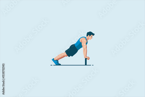 Vector illustration of a muscular man doing push-ups using parallel bars. Fitness, workout, and strength training concept in flat cartoon style with blue background.