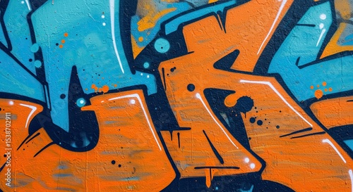 Close up of vibrant graffiti art in orange and blue with white outlining and splatters