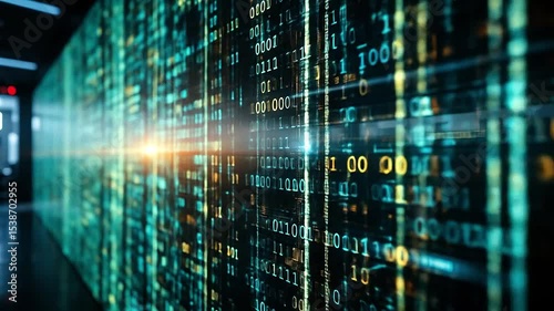 Tech interface with binary code running vertically on holographic wall