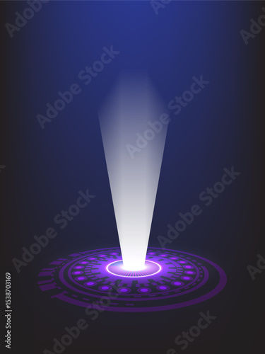 Futuristic digital interface with a glowing beam of light projected from a circular platform. Ideal for sci-fi, technology, or virtual reality themes.