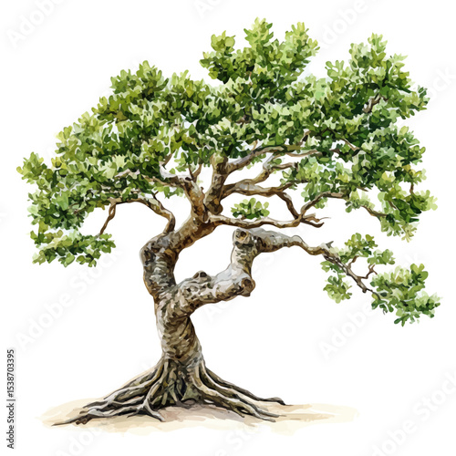 watercolor of A Mangrove Oak Tree, vector, isolated on a white background.