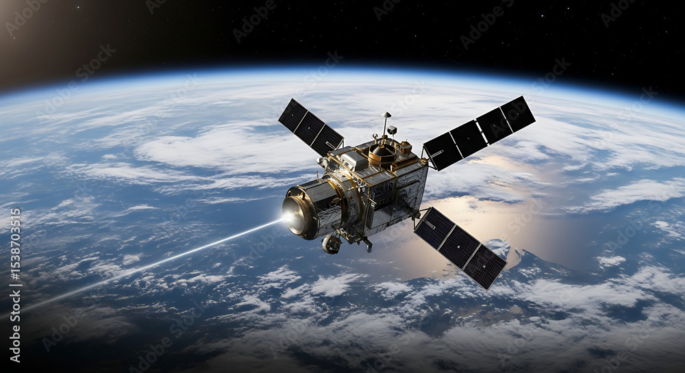 Fototapeta premium Satellite orbiting Earth with solar panels and space environment 