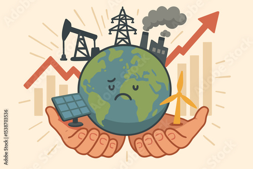 Climate change and global energy crisis vector illustration. Metaphor with a sad planet Earth facing a choice between polluting fossil fuels and sustainable clean renewable energy sources.