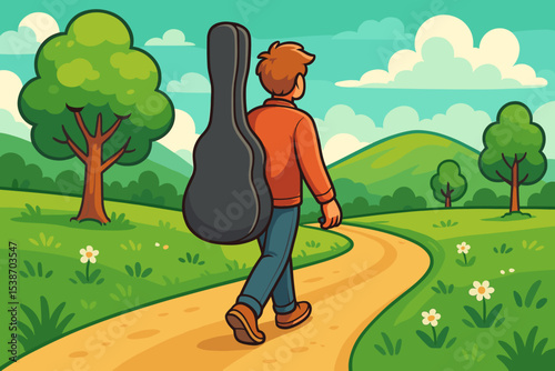 Musician with a guitar case on his back walks a winding path through a scenic landscape. Concept of a journey, adventure, new beginning, and passion for music. Cartoon vector illustration.