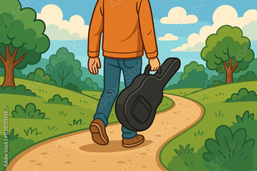 Musician's journey concept. Man with a guitar case walking on a path in nature. Cartoon vector illustration of a guitarist's adventure. Lifestyle, hobby, music, creativity.