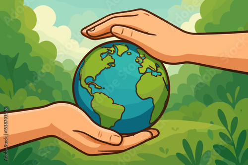 Hands holding planet Earth. Concept for Earth Day, environmental protection, conservation, ecology and sustainability. Save our planet vector illustration. Global care and responsibility.