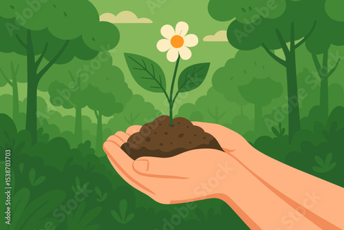 Nurturing nature's growth concept. Hands carefully holding soil with a new plant and flower. Vector illustration for ecology, environment, sustainability, conservation, and Earth Day.