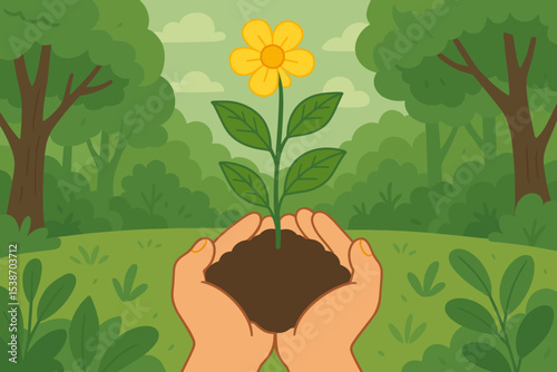 Nurturing nature concept with hands holding a growing plant. Environmental care, conservation, ecology, sustainability, and gardening. New life, hope, Earth Day vector illustration.