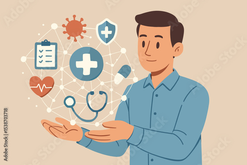 Man presents virtual healthcare network with medical icons. Concept of telemedicine, health insurance, digital health, online consultation, patient care, and medicine technology.