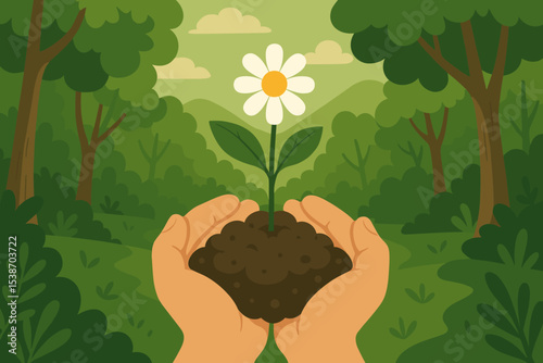 Hands holding soil with a growing flower sprout. Nurturing nature's growth concept for environmental care, protection, and conservation. Ecology, new life, and sustainability vector.