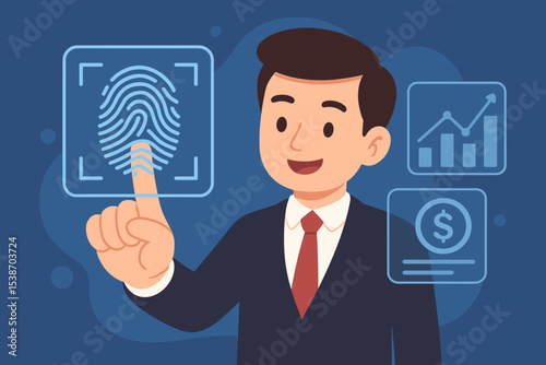 Businessman using biometric fingerprint scanner for secure access to financial data. Fintech concept of user authentication, cybersecurity, and digital banking technology illustration.