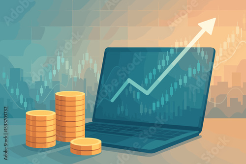 Stock market investment and financial growth concept. Business success with increasing arrow on laptop chart. Digital technology for trading, data analysis, and wealth management.